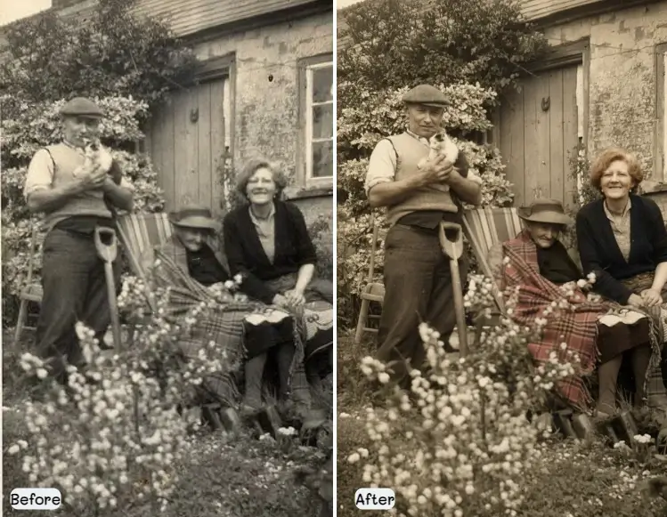 Restored 1950s garden party photo showing grandmother and friends in vintage dresses